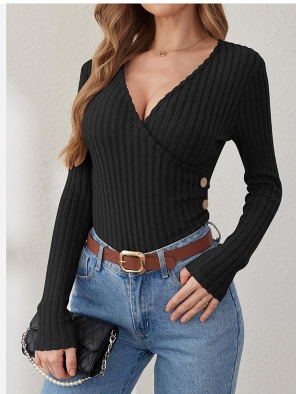 Bebe Ribbed Knit V-neck Wrap Top Black Medium